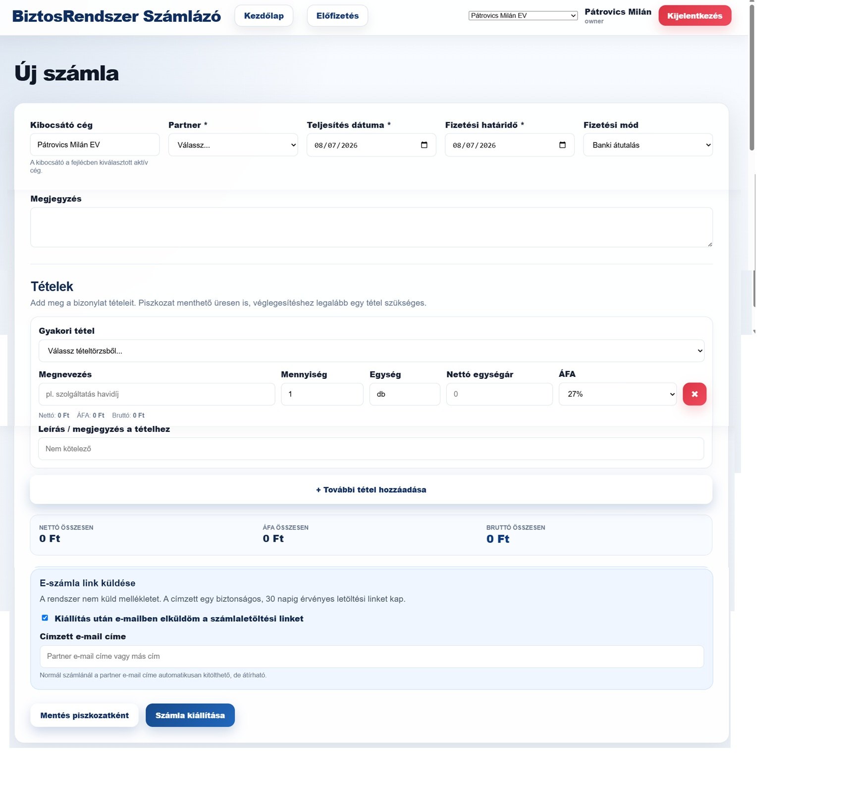 Online számla kiállítása a BiztosRendszer számlázó programban