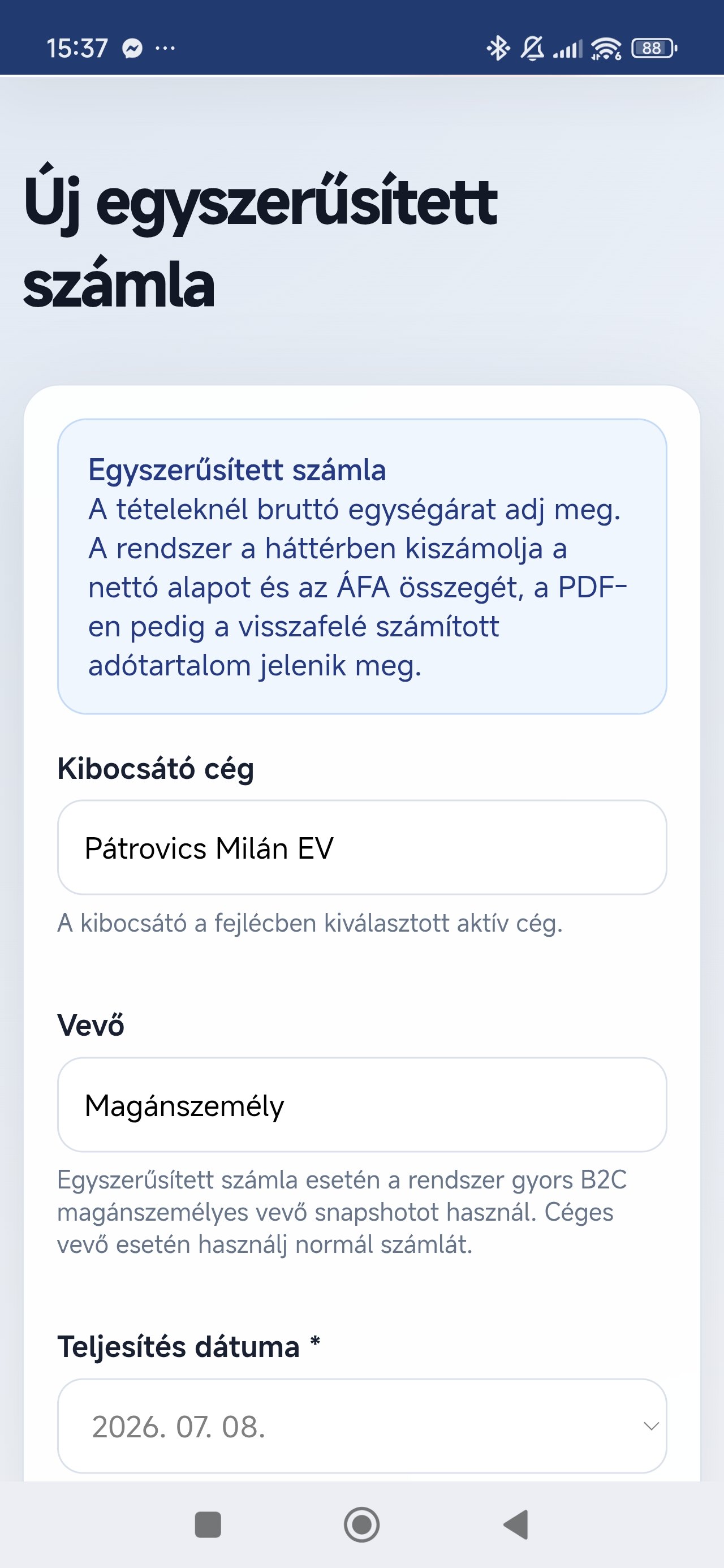 Online számla készítés mobilon
